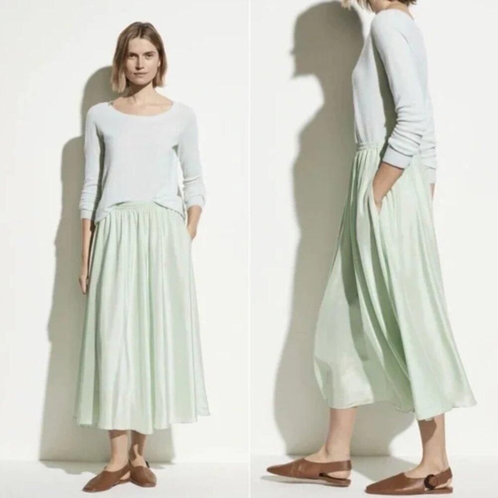 Vince Sea Green Silk Midi Skirt